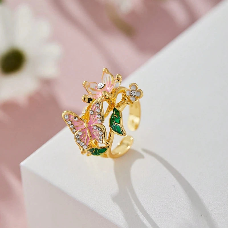 MACO Aesthetic Romantic Flower Butterfly Ring – Luxury Rhinestone Opening Ring