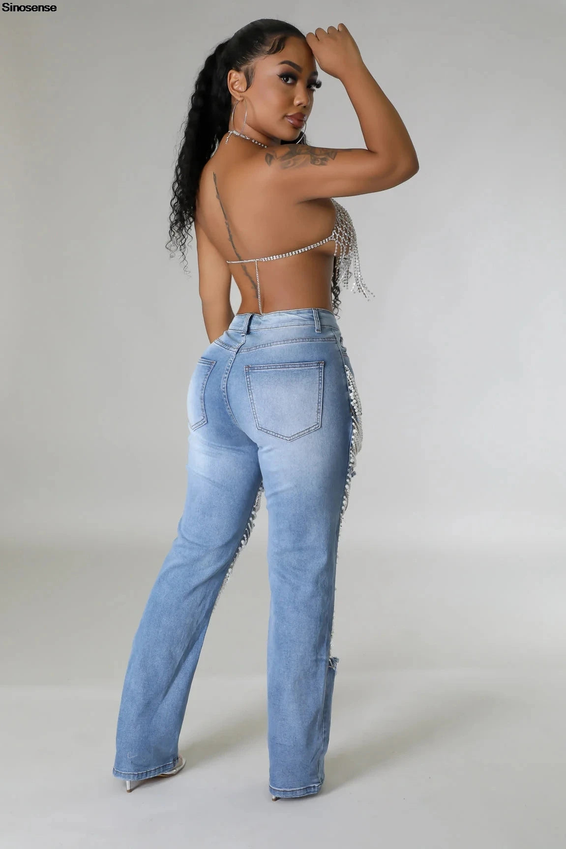 MACO Luxury Rhinestone Chain Jeans – Destroyed Ripped Pearl Distressed Skinny Denim