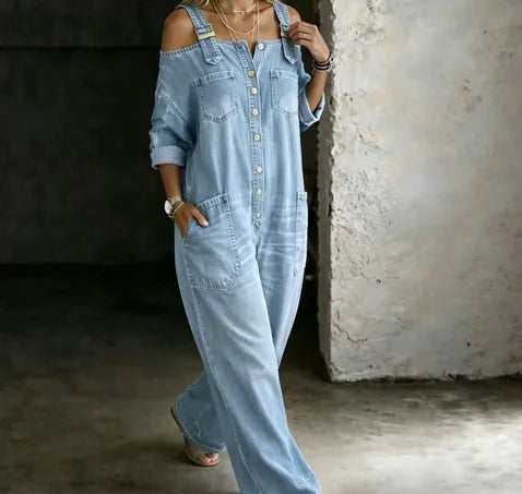 MACO Luxury Off-Shoulder Denim Jumpsuit – Wide-Leg Play- & Playsuit