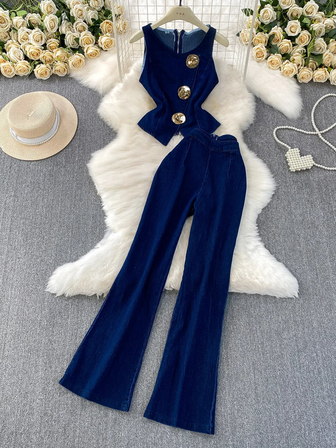 MACO Vintage Washed Denim Set – Luxury Sleeveless Waistcoat & Wide-Leg Trousers Two-Piece