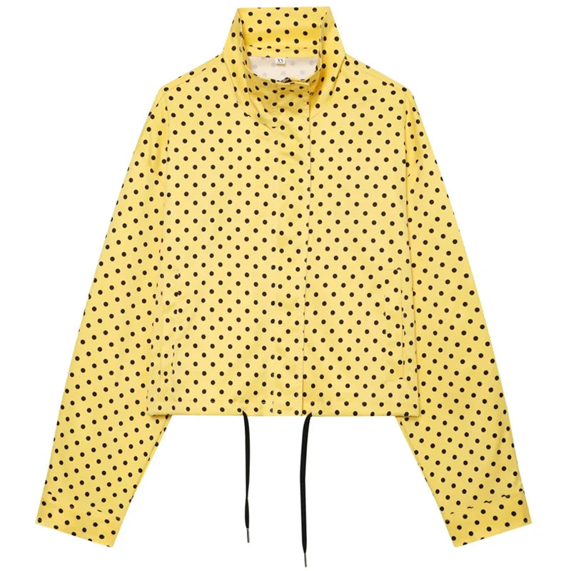 MACO Luxury Polka Dot Bomber Jacket – Oversized Aviator Crop Coat & Zip-Up Outerwear