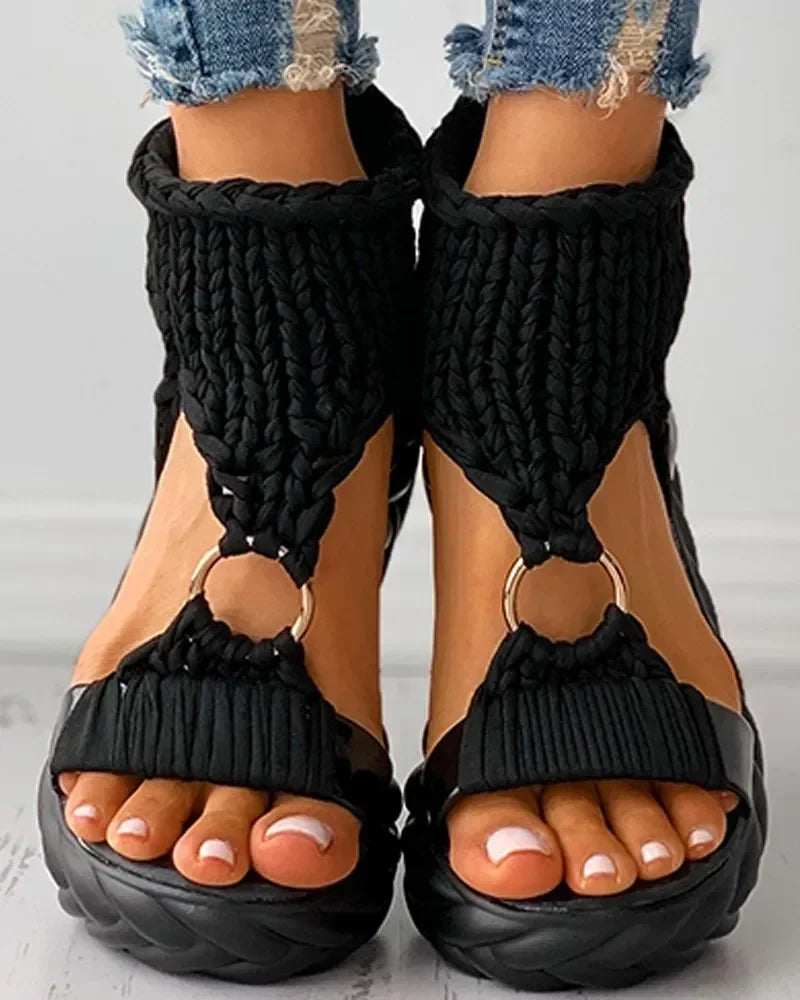 MACO Premium Plateau Gladiator-Sandalen — Damen Sommer-Stöckelschuhe in Strick-Optik