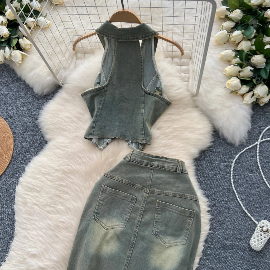 MACO American Retro Washed Denim Set – Luxury Halter Top & Slit Slimming Skirt Two-Piece