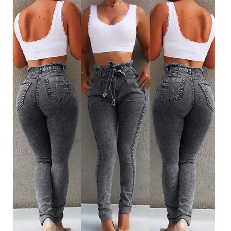 MACO High-Waisted Slim Stretch Jeans – Bleached Ankle-Length Denim Trousers
