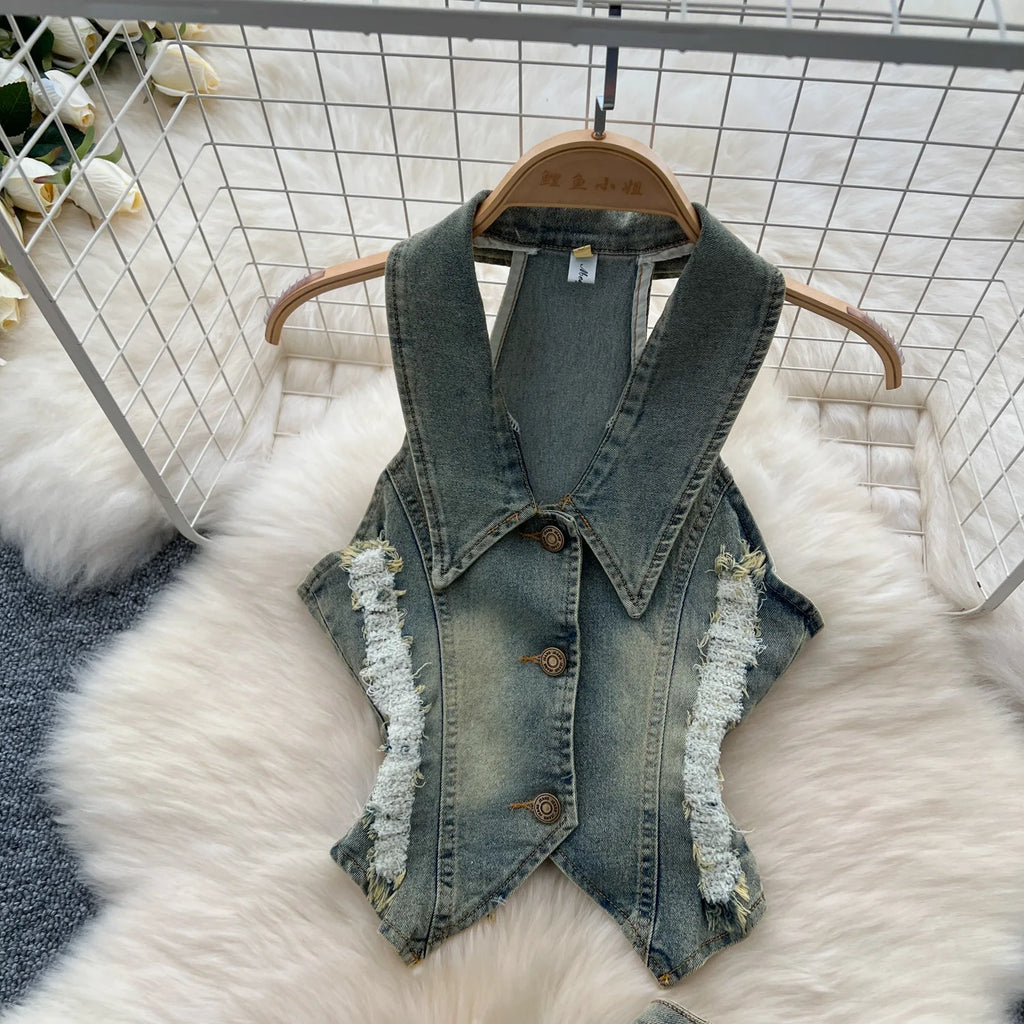 MACO American Retro Washed Denim Set – Luxury Halter Top & Slit Slimming Skirt Two-Piece