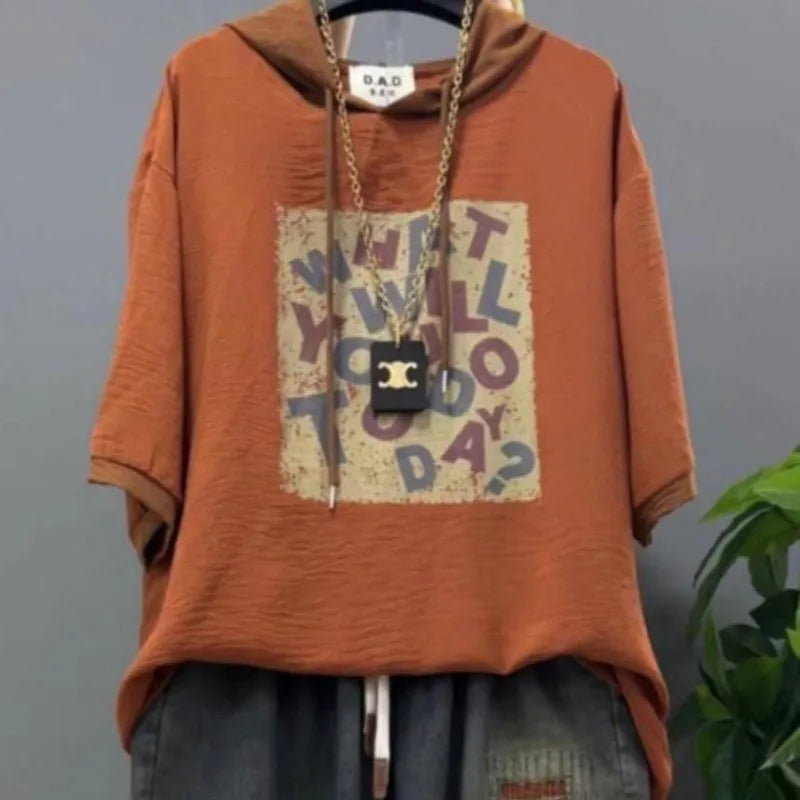 MACO Luxury Vintage Two-Piece Denim Anzug – Plus Size Hooded T-Shirt & Printed Jeans Set