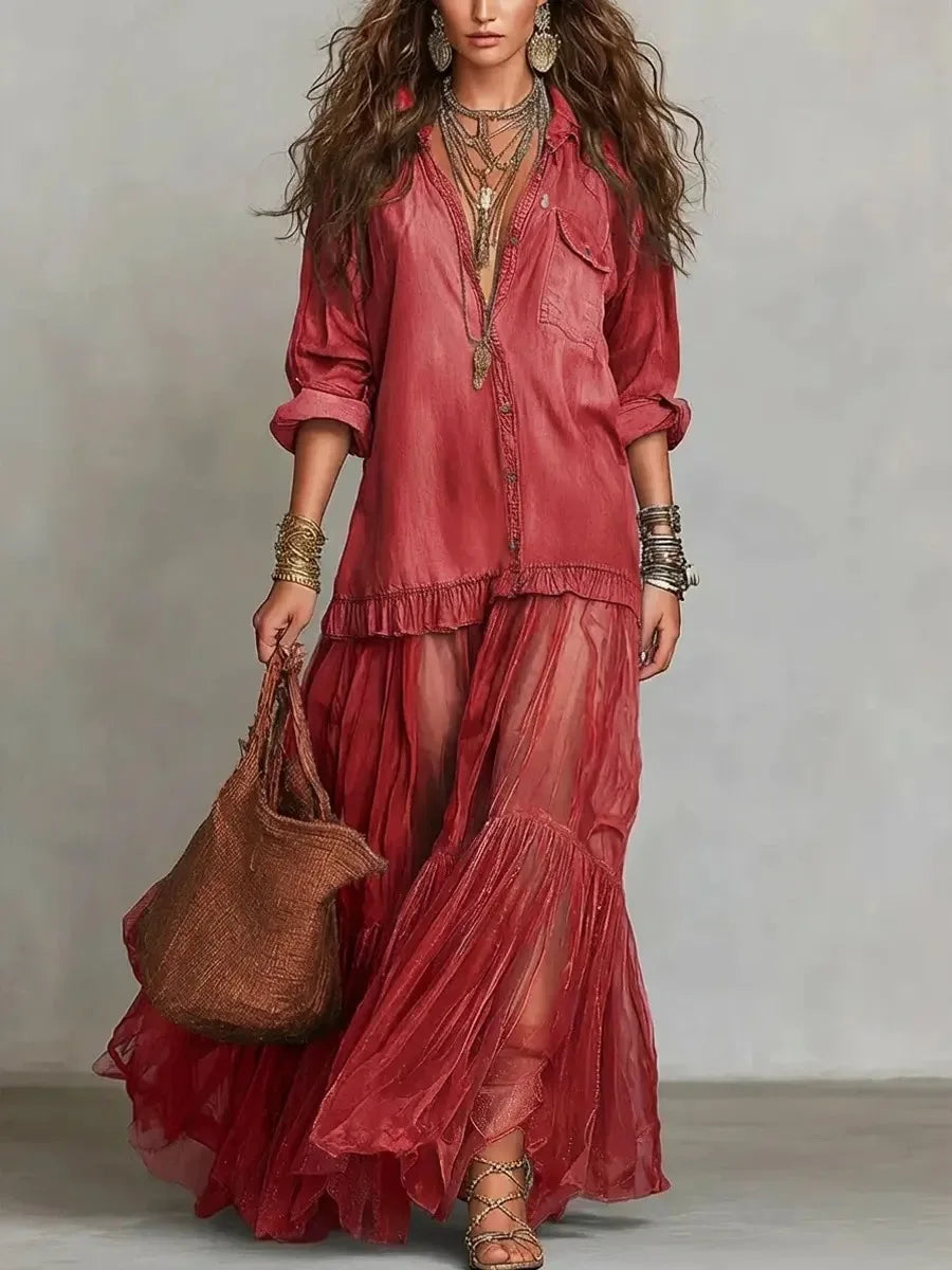 MACO Luxury Y2K Denim Mesh Splice Dress – Elegant Vintage Ruffled Streetwear Dress