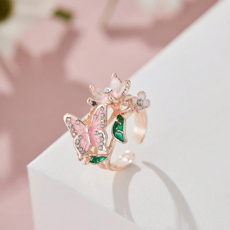 MACO Aesthetic Romantic Flower Butterfly Ring – Luxury Rhinestone Opening Ring