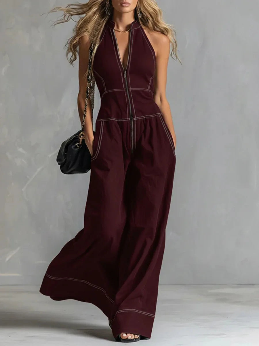 MACO Luxury Stand Collar Jumpsuit – Elegant Sleeveless Casual Office Romper