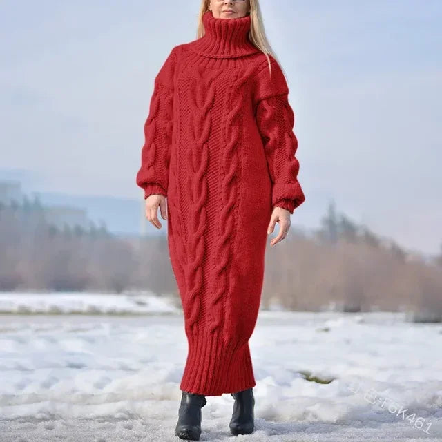 MACO Luxury Winter Long Dress Sweater – Oversized Twisted Turtleneck Knitted Pullover