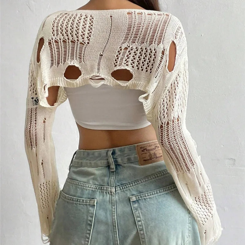 MACO Luxury Y2K Ripped Crochet Sweater – High-Street Hollow Out Short Pullover Top