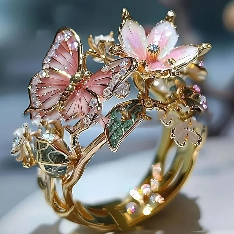 MACO Aesthetic Romantic Flower Butterfly Ring – Luxury Rhinestone Opening Ring