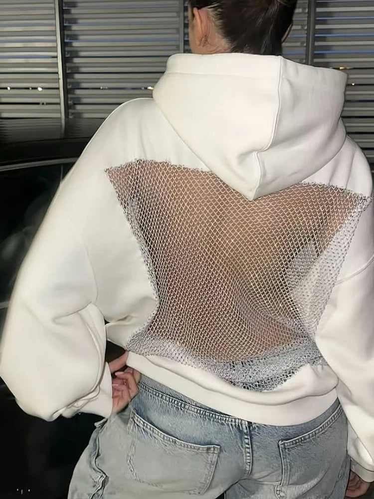 MACO Luxury Y2K Backless Mesh Hoodie – Harajuku Shiny-Thread Patchwork Sweatshirt