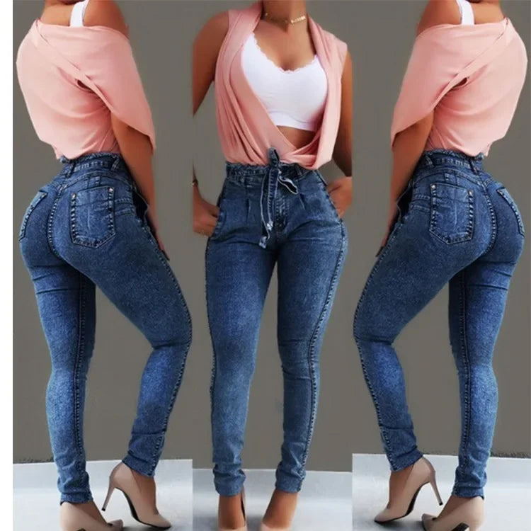 MACO High-Waisted Slim Stretch Jeans – Bleached Ankle-Length Denim Trousers