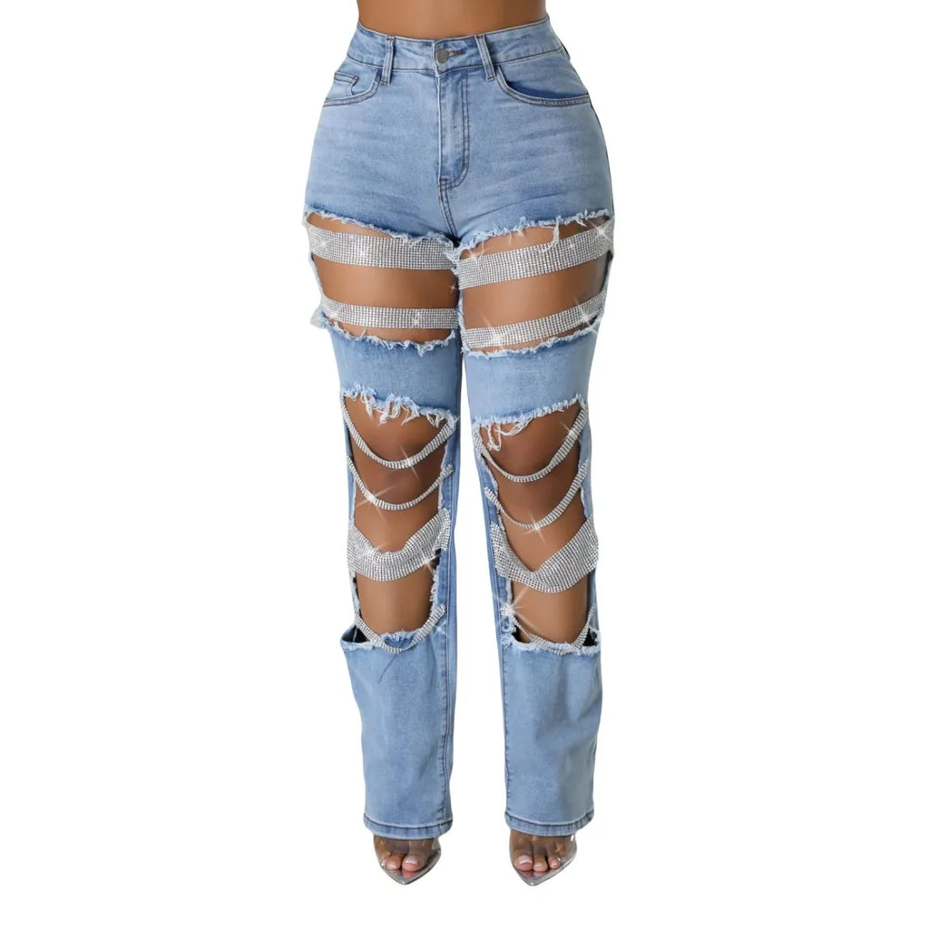 MACO Luxury Rhinestone Chain Jeans – Destroyed Ripped Pearl Distressed Skinny Denim