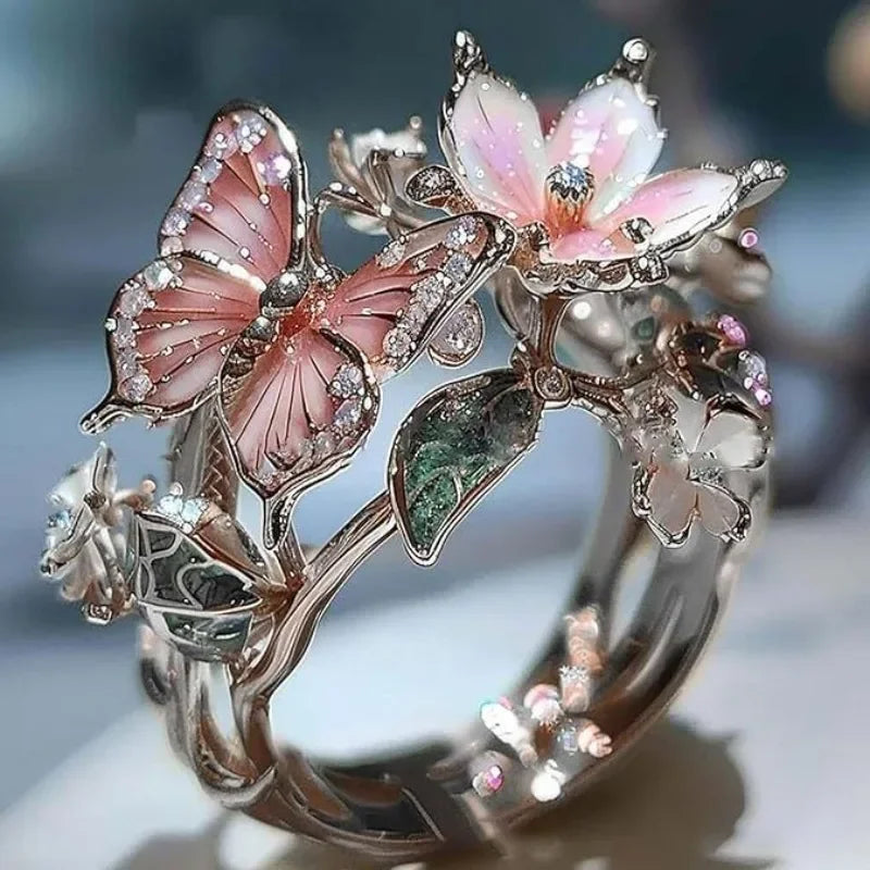 MACO Aesthetic Romantic Flower Butterfly Ring – Luxury Rhinestone Opening Ring
