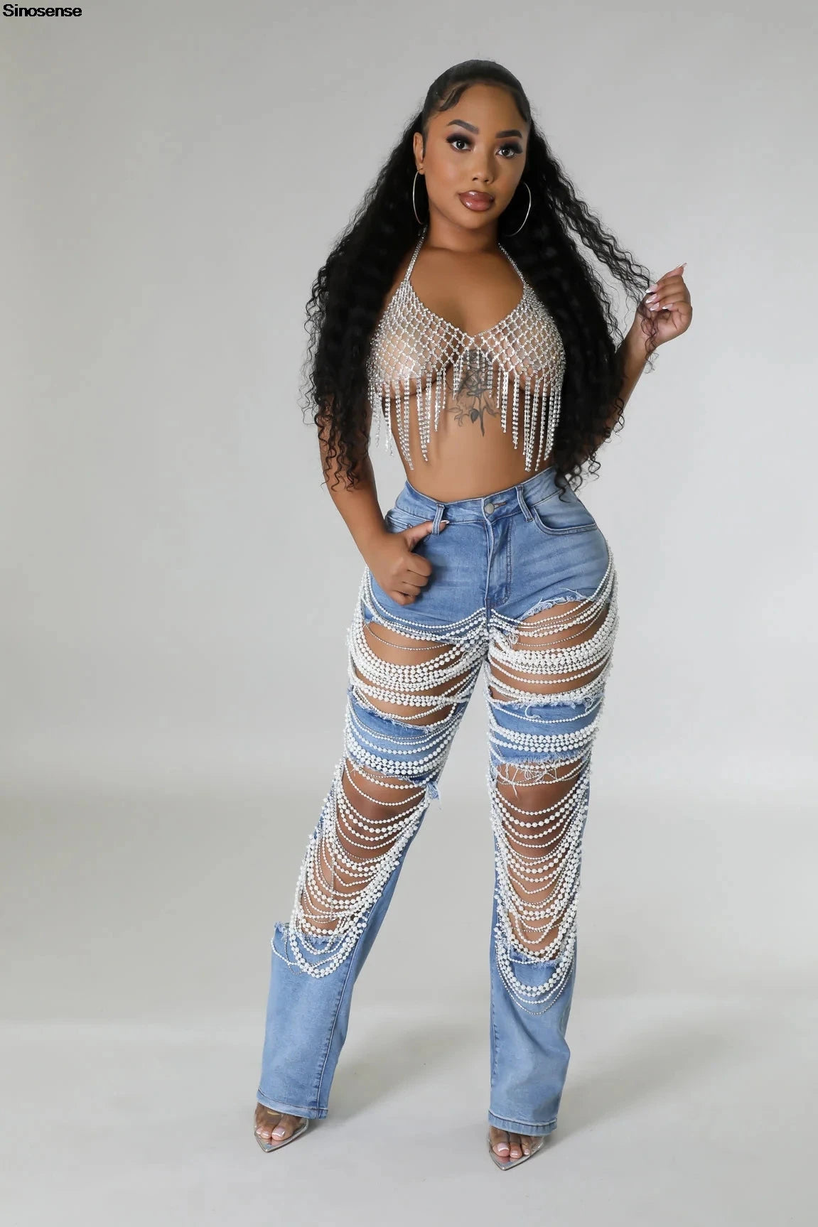 MACO Luxury Rhinestone Chain Jeans – Destroyed Ripped Pearl Distressed Skinny Denim