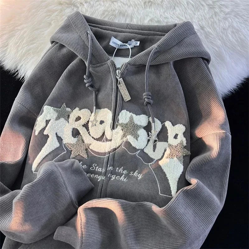 MACO Luxury Y2K Embroidery Zip-Up Hoodie – Harajuku Oversized Loose Sweatshirt Jacket