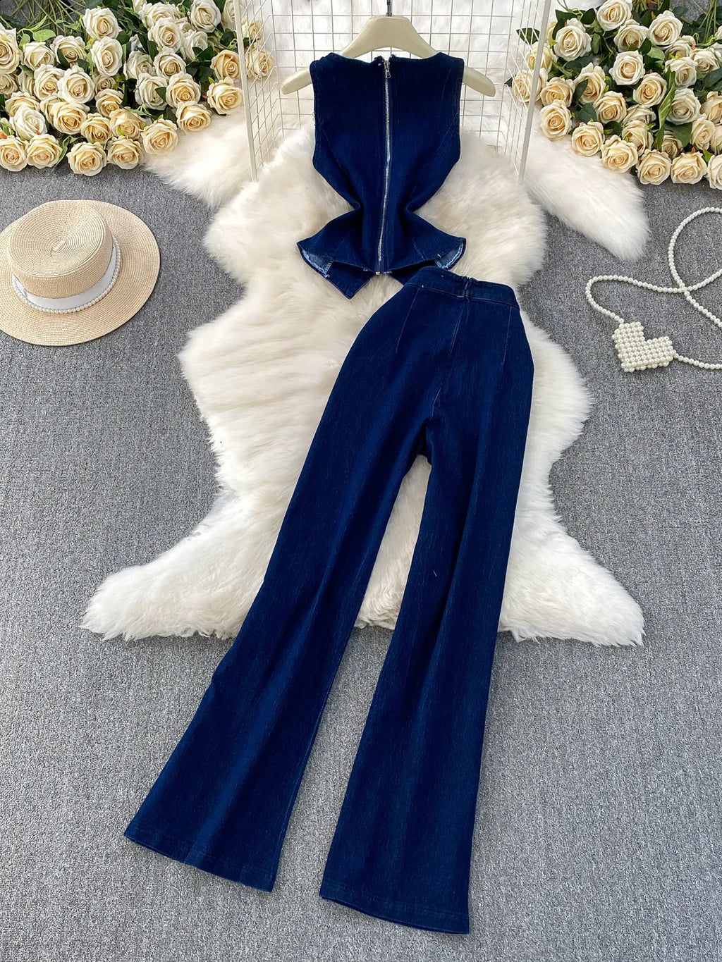 MACO Vintage Washed Denim Set – Luxury Sleeveless Waistcoat & Wide-Leg Trousers Two-Piece