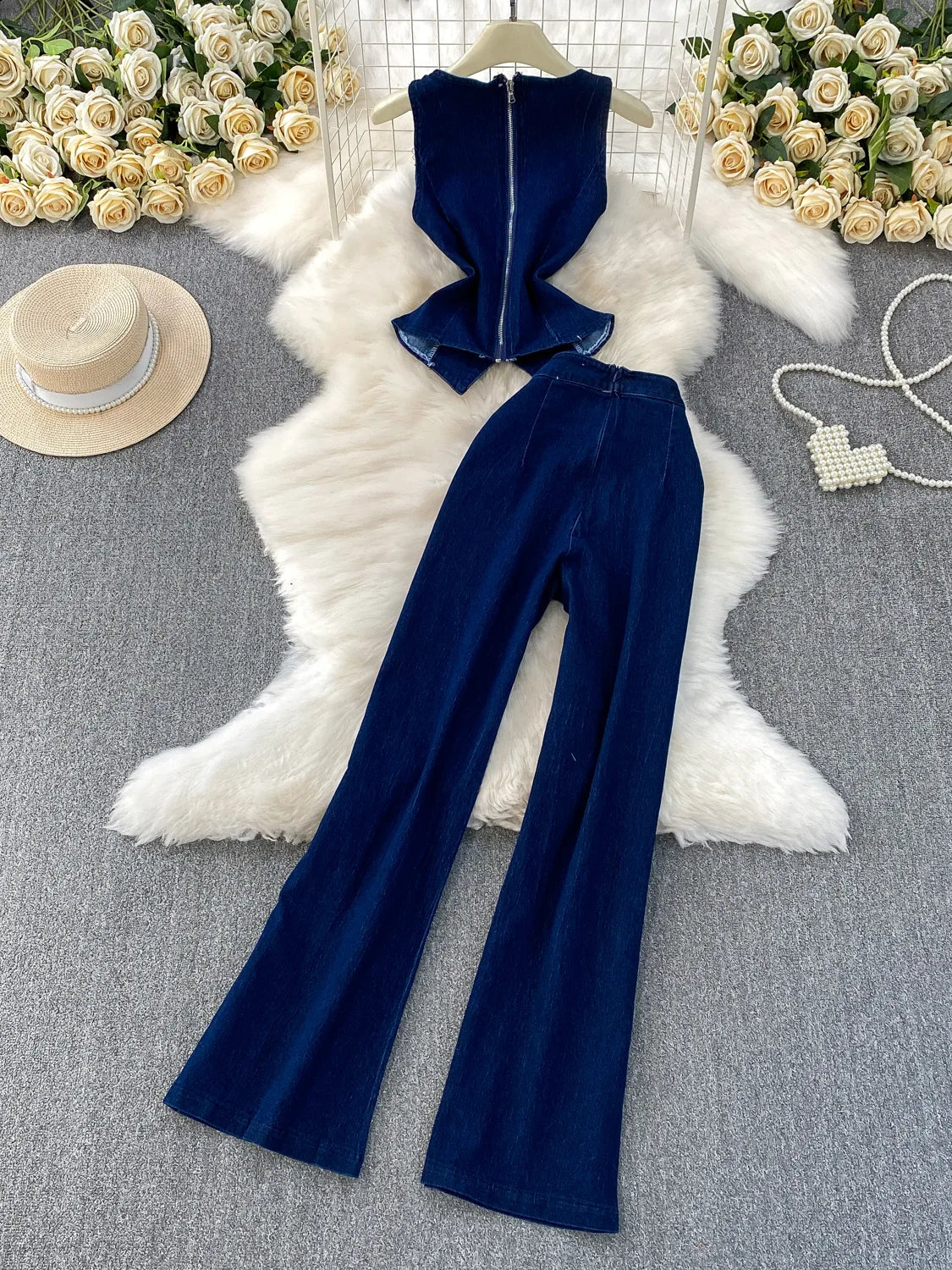 MACO Vintage Washed Denim Set – Luxury Sleeveless Waistcoat & Wide-Leg Trousers Two-Piece