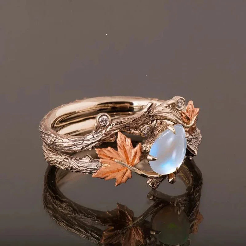 MACO Vintage Maple Leaf Moonstone Ring – Classic Boho Statement Jewelry