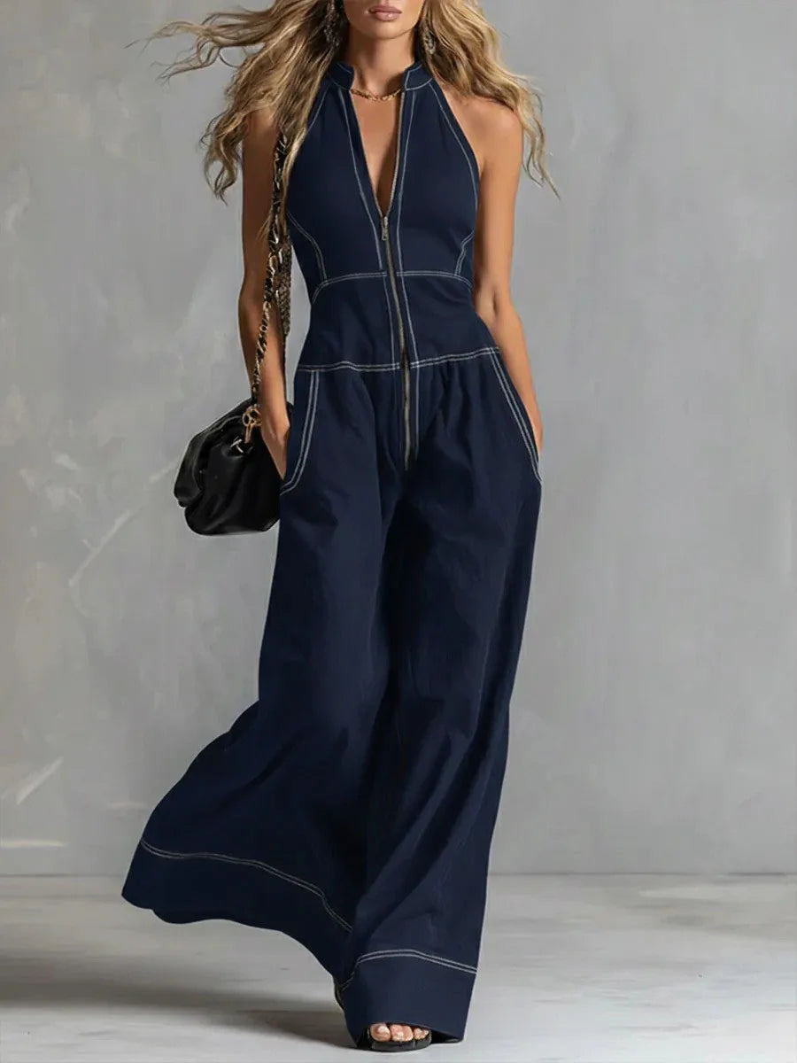 MACO Luxury Stand Collar Jumpsuit – Elegant Sleeveless Casual Office Romper