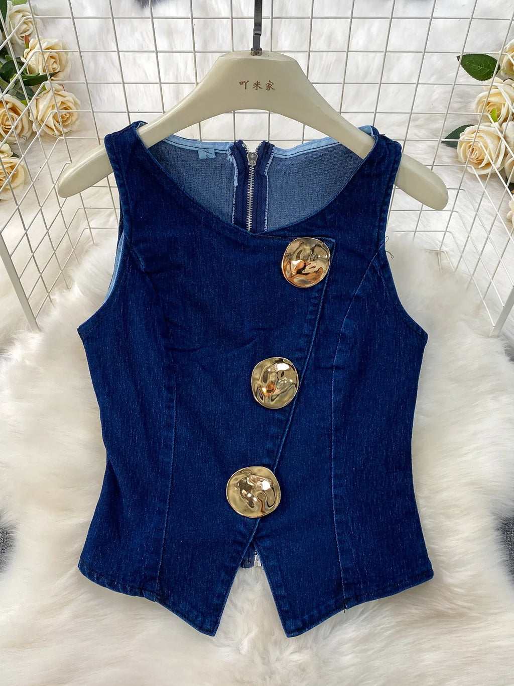 MACO Vintage Washed Denim Set – Luxury Sleeveless Waistcoat & Wide-Leg Trousers Two-Piece