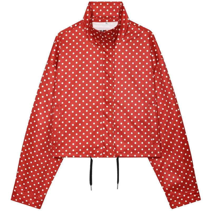MACO Luxury Polka Dot Bomber Jacket – Oversized Aviator Crop Coat & Zip-Up Outerwear