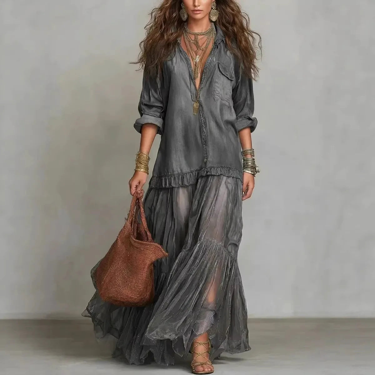 MACO Luxury Y2K Denim Mesh Splice Dress – Elegant Vintage Ruffled Streetwear Dress
