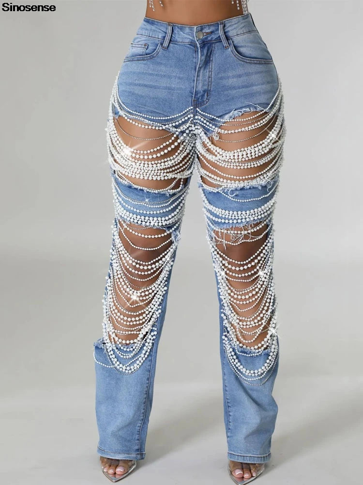 MACO Luxury Rhinestone Chain Jeans – Destroyed Ripped Pearl Distressed Skinny Denim