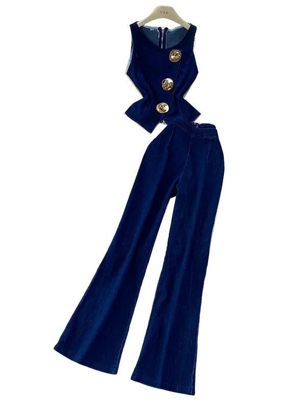 MACO Vintage Washed Denim Set – Luxury Sleeveless Waistcoat & Wide-Leg Trousers Two-Piece