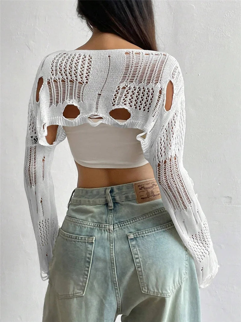 MACO Luxury Y2K Ripped Crochet Sweater – High-Street Hollow Out Short Pullover Top