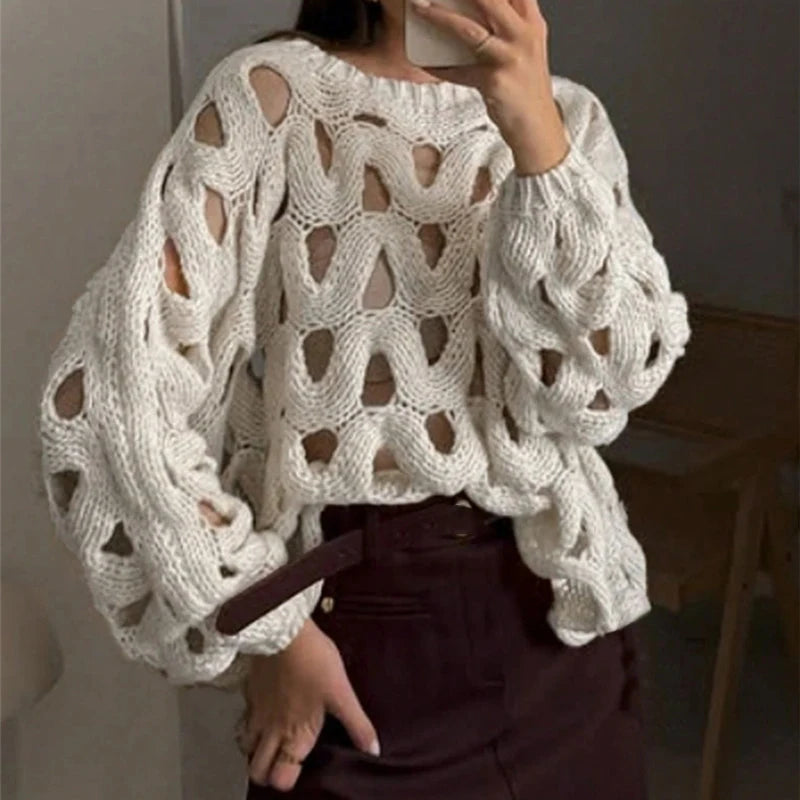 MACO Luxury Hollow-Out Crochet Sweater – Sexy Long Sleeve Beach Pullover Blouse