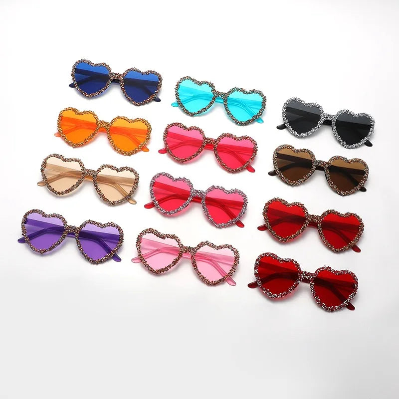 MACO Luxury Frameless Heart Rhinestone Glasses – Red Statement Festival Shades