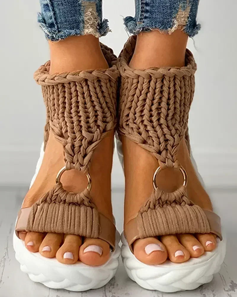 MACO Premium Plateau Gladiator-Sandalen — Damen Sommer-Stöckelschuhe in Strick-Optik