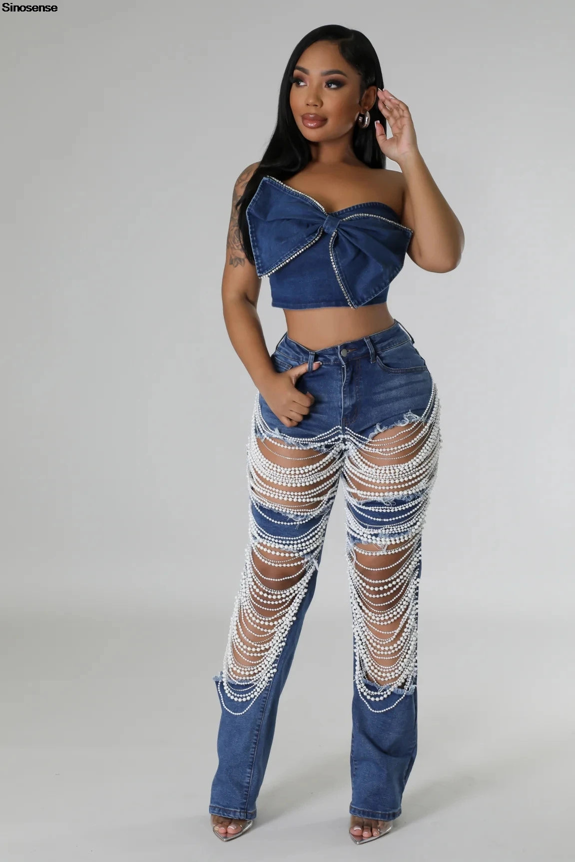 MACO Luxury Rhinestone Chain Jeans – Destroyed Ripped Pearl Distressed Skinny Denim