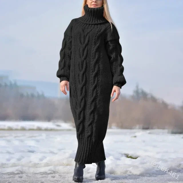 MACO Luxury Winter Long Dress Sweater – Oversized Twisted Turtleneck Knitted Pullover