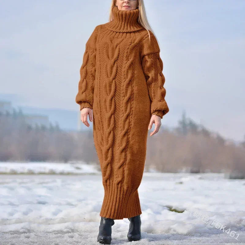 MACO Luxury Winter Long Dress Sweater – Oversized Twisted Turtleneck Knitted Pullover