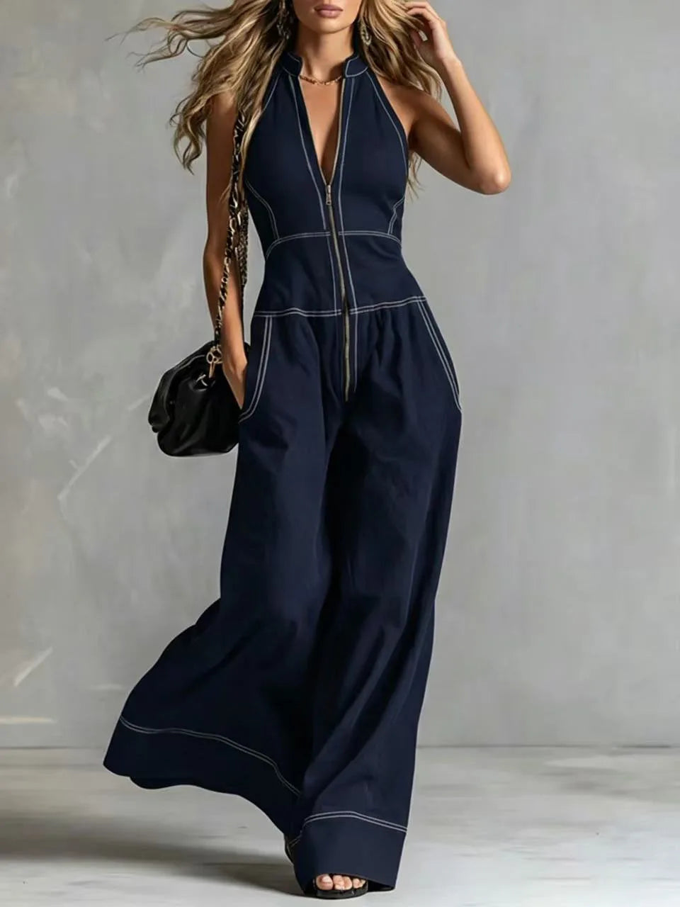 MACO Luxury Stand Collar Jumpsuit – Elegant Sleeveless Casual Office Romper