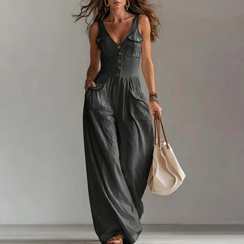 MACO Luxury V-Neck Wide-Leg Jumpsuit – Elegant High-Waist Summer Overalls
