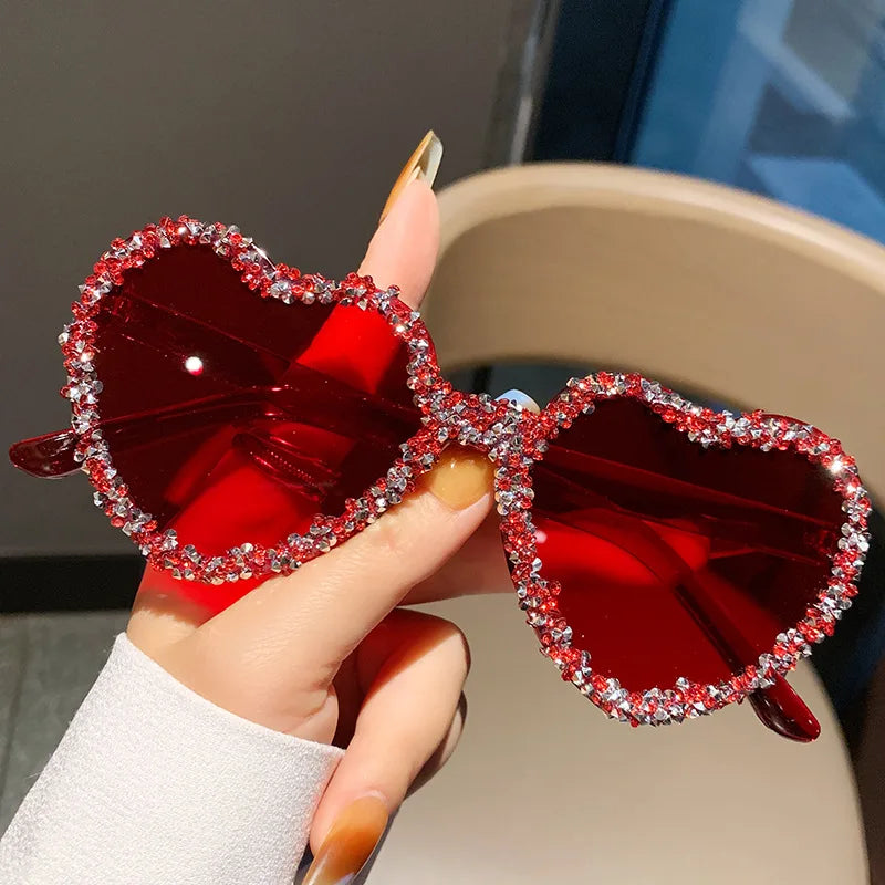 MACO Luxury Frameless Heart Rhinestone Glasses – Red Statement Festival Shades