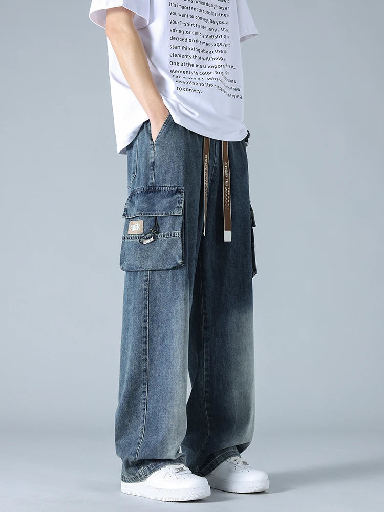 MACO Luxury Big Size Denim Cargo Pants – Men's Wide Leg Baggy Straight Jeans