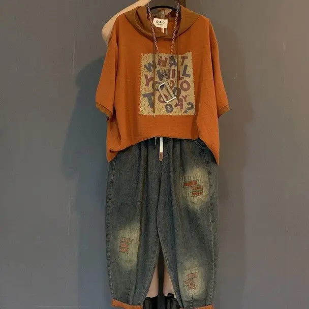 MACO Luxury Vintage Two-Piece Denim Anzug – Plus Size Hooded T-Shirt & Printed Jeans Set