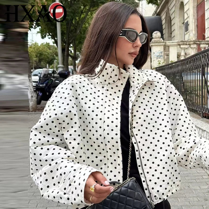 MACO Luxury Polka Dot Bomber Jacket – Oversized Aviator Crop Coat & Zip-Up Outerwear