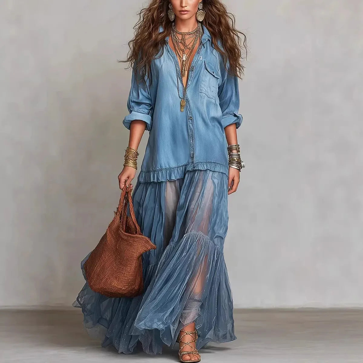 MACO Luxury Y2K Denim Mesh Splice Dress – Elegant Vintage Ruffled Streetwear Dress