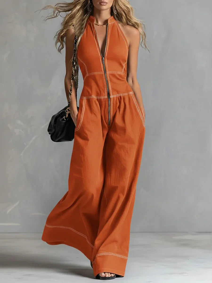 MACO Luxury Stand Collar Jumpsuit – Elegant Sleeveless Casual Office Romper