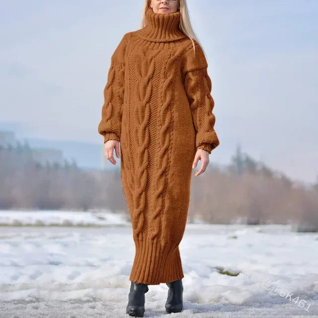 MACO Luxury Winter Long Dress Sweater – Oversized Twisted Turtleneck Knitted Pullover