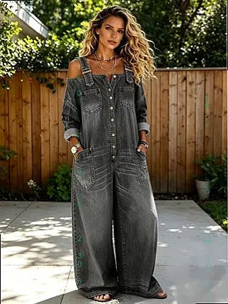 MACO Luxury Off-Shoulder Denim Jumpsuit – Wide-Leg Play- & Playsuit