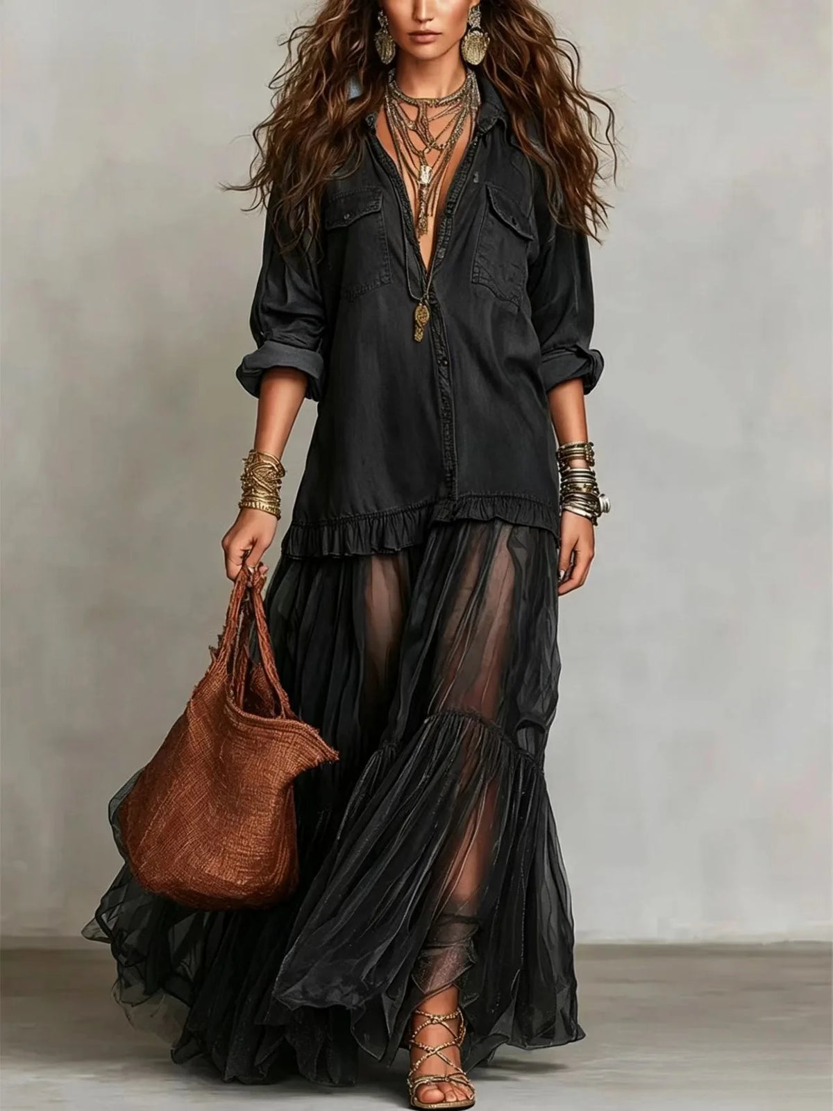 MACO Luxury Y2K Denim Mesh Splice Dress – Elegant Vintage Ruffled Streetwear Dress