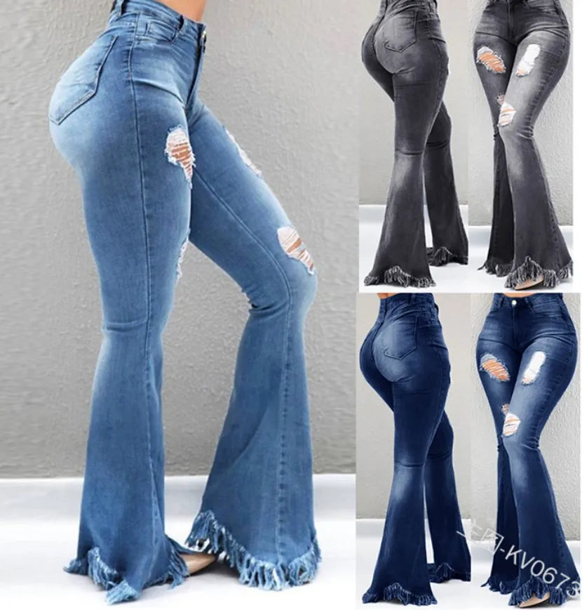 MACO Distressed Ripped Flare Jeans – Luxury High-Waist Washed Denim Trousers